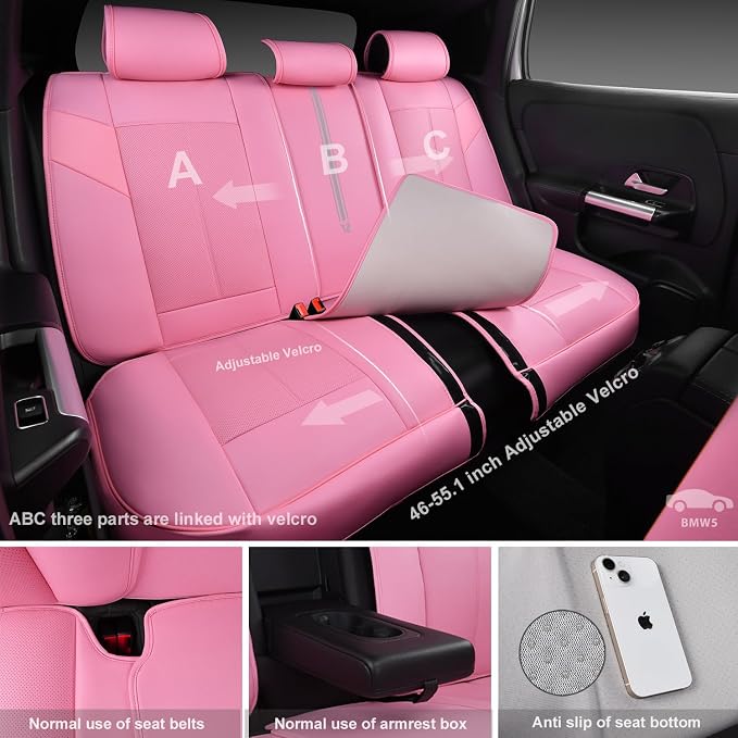 CAR PASS Pink Nappa Leather Seat Covers, Cute Girly Car Seat Covers Full Set for Women, Luxury 3D Sponge Support Waterproof Car Seat Protector, Universal Fit SUV Pick-up Truck Sedan Automotive