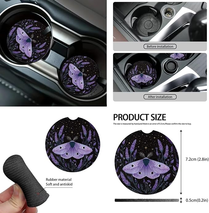 Purple Vintage Moth Car Seat Covers Full Set 15 Pcs Universal Car Accessories Steering Wheel Cover Seat Belt Pads Garbage Bag Car Headrest Pillow Covers Armrest Pad