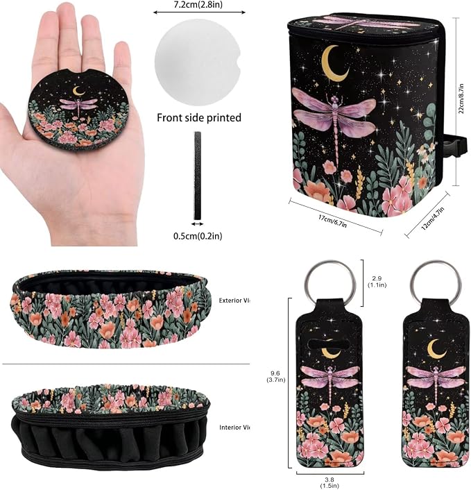 Dragonfly Print Car Seat Covers Full Set with Steering Wheel Cover Auto Seat Belt Cover Car Trash Can Car Rear View Mirror Cover Car Coasters Chapstick Holder，12 Pieces