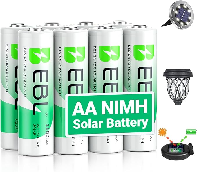 EBL AA Rechargeable Batteries, 1.2V 1100mAh High Capacity AA Battery for Solar Garden Lights (Pack of 8)