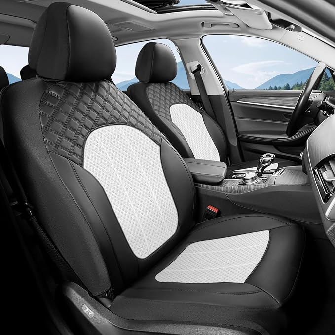 FLORICH Automotive Car Seat Cover Full Set Air Mesh Leather Car Seat Covers 5 Seats Car Protector Cushion Cars Interior Accessories Universal Fit for Most Car SUV Sedan Truck, Black&White