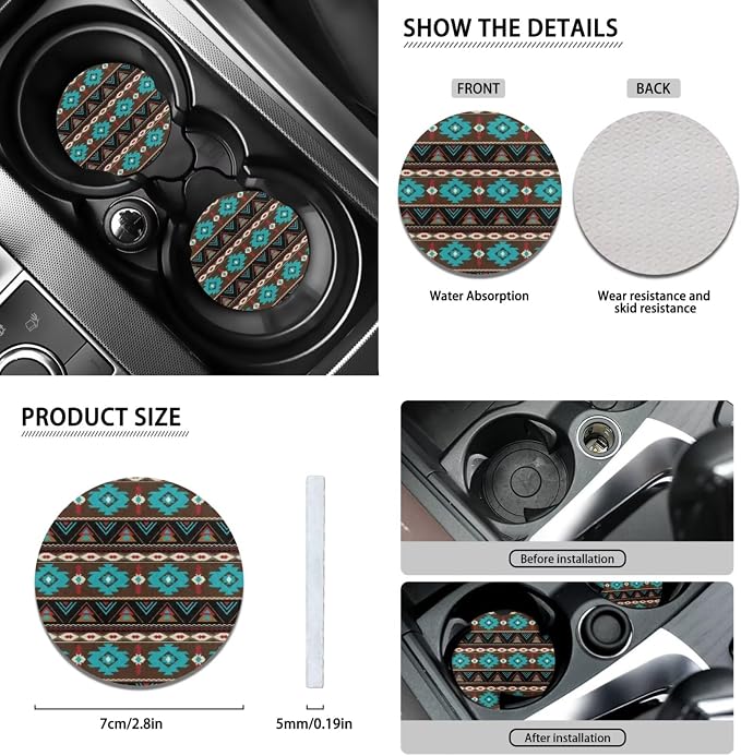 Wanyint Car Seat Cover Set 11 PCS for Men Women, with Soft Breathable Steering Wheel Headrest Cover Handbrake Gear Shift Knob Cover Coasters, Southwest Aztec Teal Brown