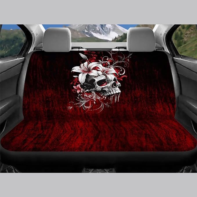 Bloody Hibiscus Skull Car Seat Cover Full Set of 13, with Front & Rear Seats, Seat Belt Covers, Armrest Covers, Keychains, Coasters, Universal Fit for SUV Trucks Sedan