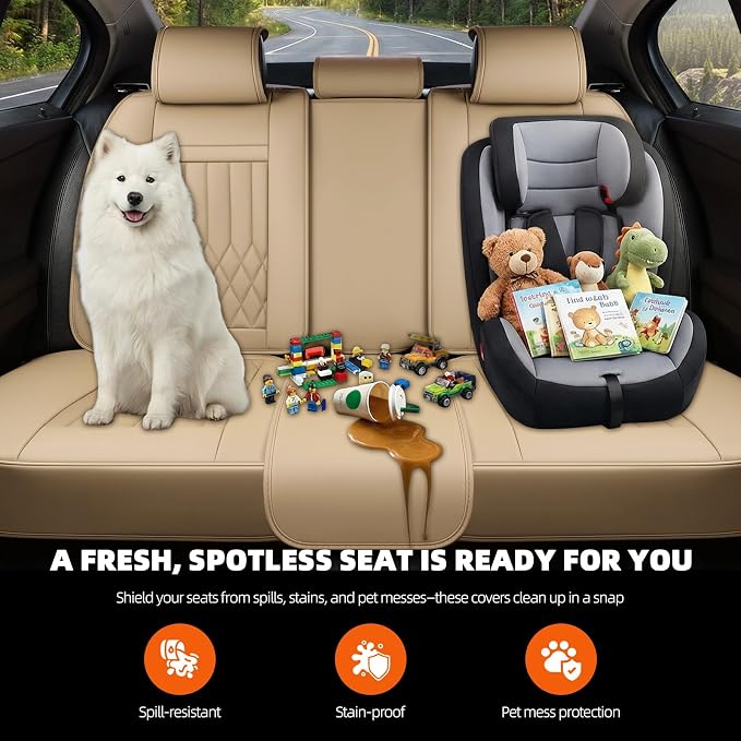 Universal 5-Seater Waterproof Breathable Nappa Leather Car Seat Covers Full Set, Fit for Front Rear Seats, Compatible with Hy-undai Sonata, To-yota Camry, Fo-rd F-150, Fit Most Sedans SUV Beige