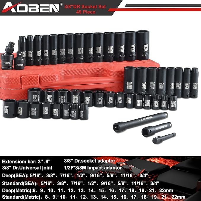 AOBEN 3/8-Inch Drive Impact Socket Set, 49 Pieces,6 Point (5/16" - 3/4", 8mm - 22mm), Deep/Shallow, Includes 3", 6" Extension bars, Universal Joint, 1/2" to 3/8" adaptor, 3/8" Inch Socket Adapter