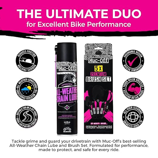 Muc-Off All-Weather Motorcycle Chain Lube 400ml + 5 Brush Set | Premium Synthetic Motorcycle Chain Lubricant | Ceramic Formula & Long-Lasting | Includes Bike Brush Kit