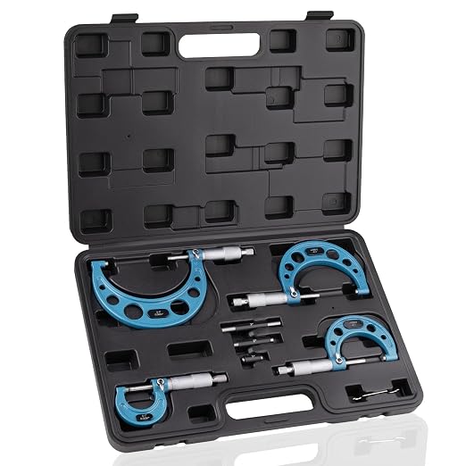 Beaiguna 4PCS Micrometer Set, 0-1"/1-2"/2-3"/3-4" Machinist Outside Micrometer Measuring Tool, Ultra-Precision 0.0001" Graduation Micrometers, Professional Machinist Tools Set