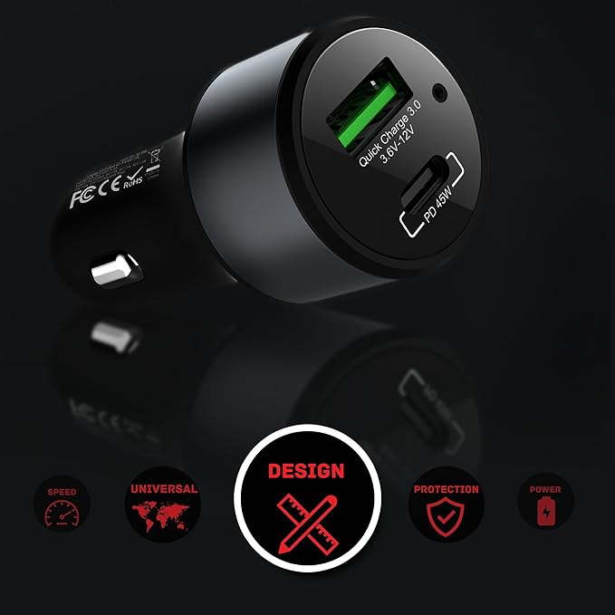 LinkOn 63W USB C Car Charger PPS&PD 3.0(45W) + QC 3.0(18W) Dual Port – Fast Car Charger Compatible with Laptop, Phone & Tablet – MacBook, Dell XPS, HP Spectre, iPad, iPhone, Samsung, Google Pixel