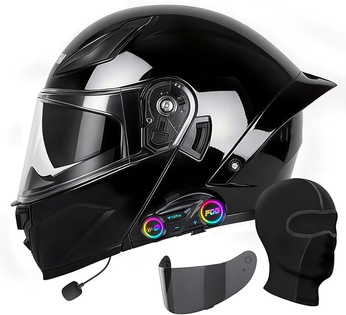 Bluetooth Motorcycle Helmet, Full Face Flip Up Modular Motorcycle Helmet with Bluetooth intercom headsets, DOT Approved Dual Visor Helmets