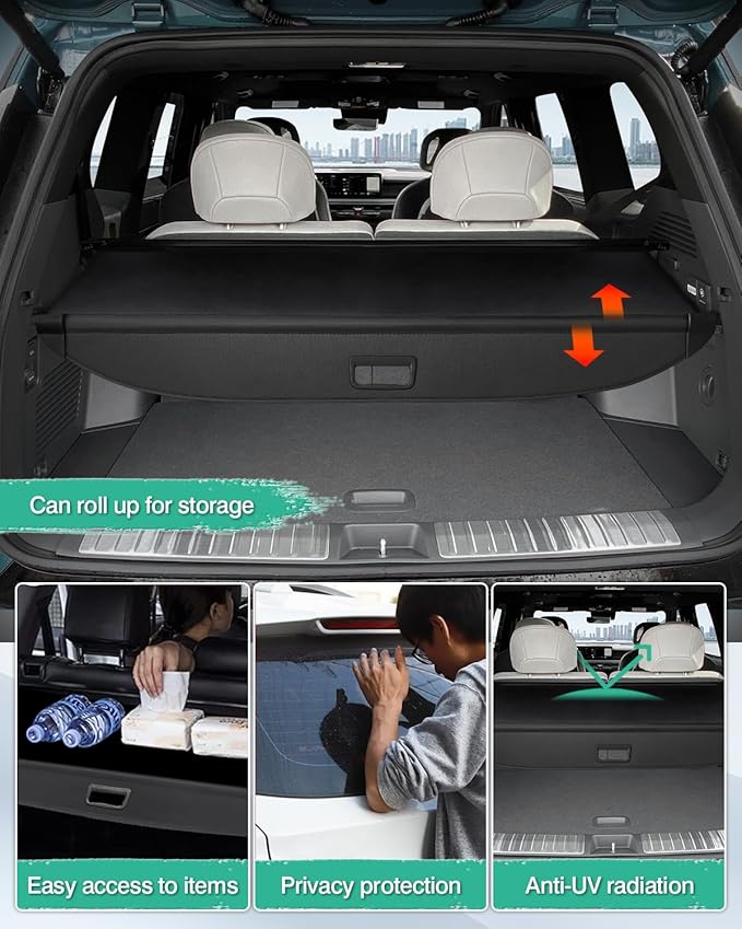 Powerty Retractable Cargo Cover for Kia Ev9 2024 2025 2026-Canvas Texture Trunk Cover Privacy Screen Rear Security Shade for EV9 Accessories