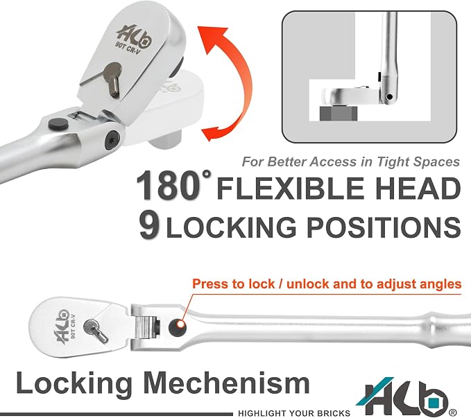 HB 101-Piece Socket Set AKX005-U, 90-Tooth Flex Head Ratchets 3/8"&1/4" Drive, Patented Non-Slip Metric SAE Sockets, Deep & Standard, Extension Bars, Bit Sockets, Rails, Case, Made in Taiwan