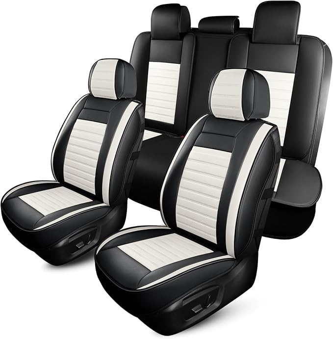 HChengkikz Car Seat Covers Full Set, Breathable Nappa Leather Seat Covers, Horizontal Stripes Automotive Seat Covers, Universal Seat Cushions for Sedan SUV Truck (5 PCS Full Set, Black + Cream)