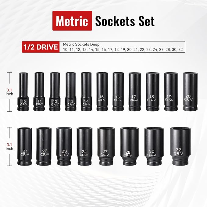 Reniteco 25-Piece 1/2" Drive Socket Set, Metric(10mm-32mm), Deep Sockets, Extension Bars, 1/2" F to 3/8" M Reducer,3/8" F to 1/2" M Reducer, Universal Joint, 6 Point Design, Cr-V
