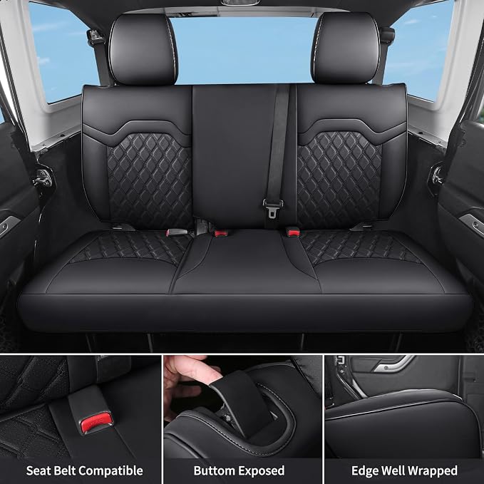 Huidasource for Jeep Wrangler JK Seat Covers 2 Door 2007-2017, Custom Fit Leather Seat Covers for Wrangler 2-Door Sport Rubicon Sahara Freedom Willys (Full Set/Black)