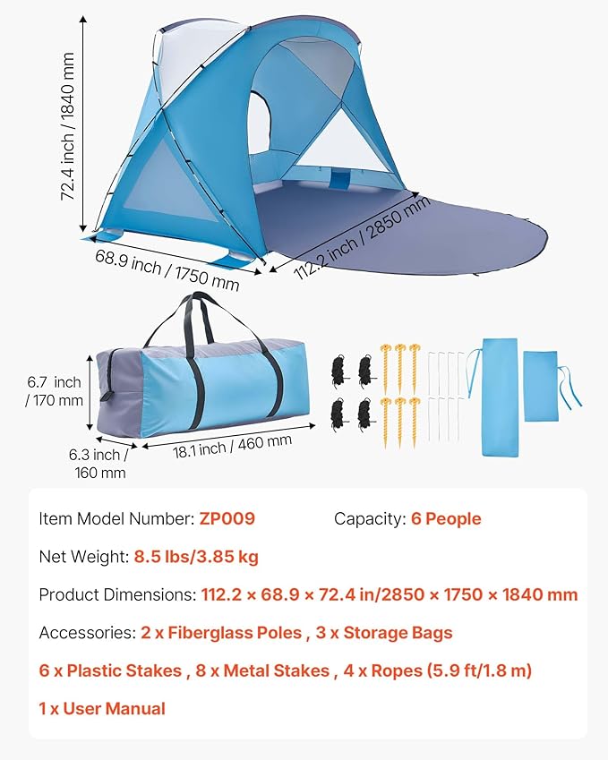 VEVOR Beach Tent Sun Shelter for 6 Person, UPF 50+, Portable Sun Shade Beach with Carrying Bag & Sand Pockets, Lightweight and Easy Setup Beach Umbrella for Family Camping Outdoor Picnic