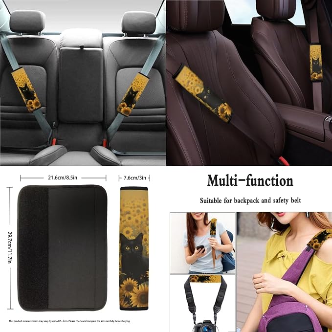 Suobstales Cat Sunflower Print Car Accessories with Car Front Rear Split Seat Covers, Seat Belt Pads + Steering Wheel Cover + Coaster + Keyrings for Women Men Set of 11-Pcs