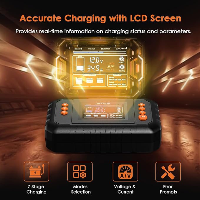 WAVLINK 450W Smart Battery Charger, Max. 35A Trickle Charger with LCD Display, for 6V/12V/24V Lead-Acid/Lithium/LiFePO4 Batteries, Battery Maintainer and Desulfurizer for Cars, Boats, Motorcycles