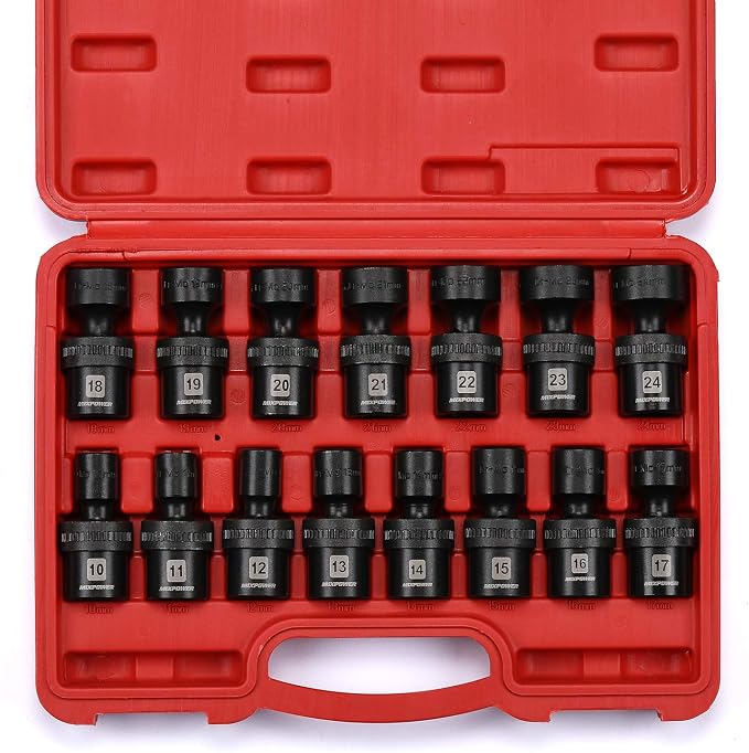 MIXPOWER 15-piece 1/2" Drive Shallow Universal Impact Socket Set, 6 Points, Metric, 10-24mm, Swivel Socket with Flexible Wobble, CR-MO, Heavy Duty Storage Case… B08JTJVV8M