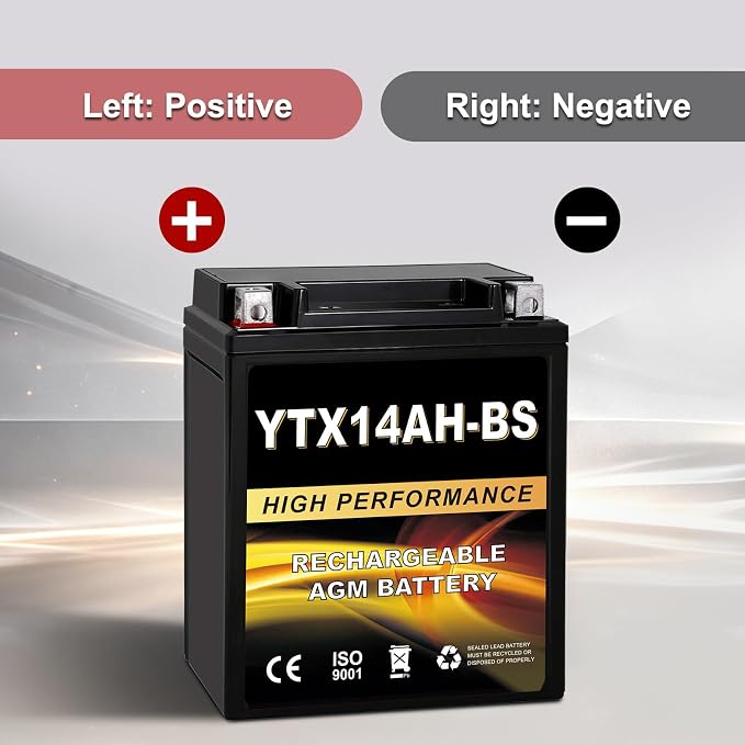 YTX14AH-BS 12V 12Ah AGM Sealed Motorcycle Battery, Maintenance-Free, Compatible with Polaris Sportsman 570, Trail Blazer 250, Ranger 400 500, Suzuki King Quad 300, QuadRunner 250
