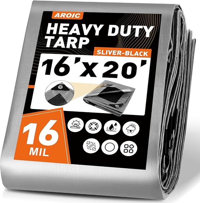 AROIC 16x20 FT Waterproof Tarp, 16 Mil Thick Heavy Duty Cover with Reinforced Edges & Rustproof Grommets - UV Resistant Tearproof Tarpaulin for Camping Tent, Pool Cover, Emergency Rain Shelter