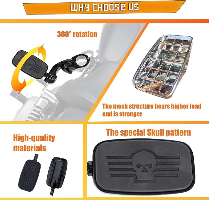 Kinglemc Front Rider Rear Passenger Position Floorboards Footboard Footpeg for Harley Dyna Touring Softail Sportster 883 1200 (Black, Skull 7.2 * 2.5")