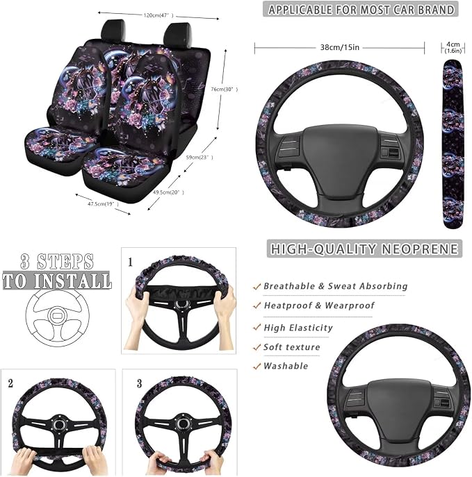 Suobstales Horse Flower Print 13 Pieces Car Accessories Auto Seat Covers Set with Steering Wheel Cover, Seatbelt Pads, Coasters, Keychains, Car Trash Bin, Rearview Mirror Cover for SUV Van