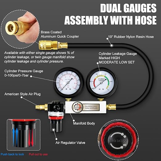 JIFETOR Cylinder Leak Down Tester Kit, Automotive Engine Compression Dual Gauge Leakdown Test Set with 10 12 14 18mm Spark Plugs Universal for Small Engine Motorcycle ATV, Black Case