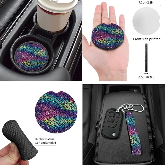 Colorful Leopard Auto Seat Covers Front Back Seats Set 14pcs,Cheetah Car Interior Set with Keychain,Seatbelt,Steering Wheel Cover,Car Coasters,Mirror Cover Decor Accessory for Women Men
