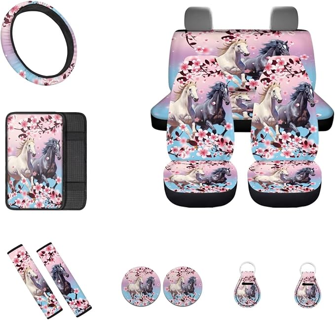 12 Pcs Pink Cherry Blossom Horse Car Seat Covers Full Set,Car Protectors,Universal Fit Front Back Seat Cushion/Seatbelt/Steering Wheel Cover/Anti Slip Coaster/Keychains for Cars SUV Truck