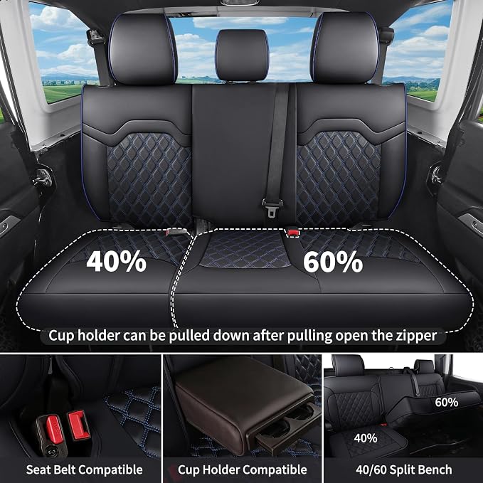 Huidasource Car Seat Covers Full Set, Full Coverage Leather Seat Cushion Protector Fit for 2015-2026 Ford F150 & 2017-2026 F250 F350 F450 Crew Cab XL XLT Lariat King Ranch, Black&Blue