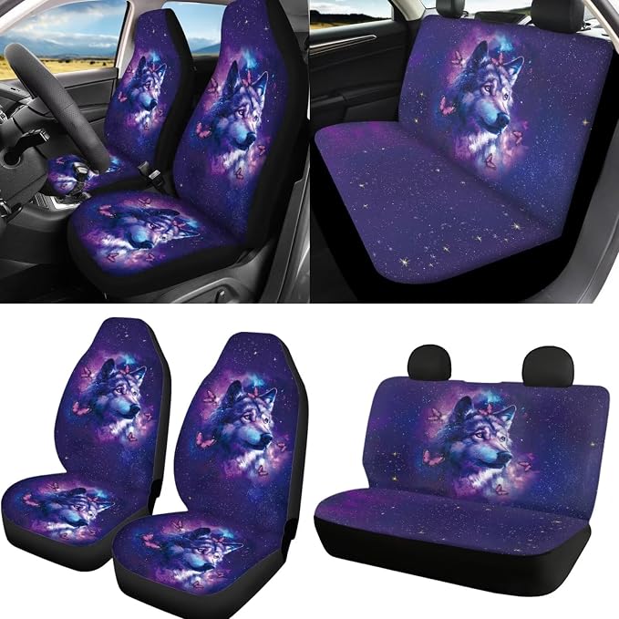 Galaxy Wolf Print Car Seat Covers with Matching Steering Wheel Cover 4 Pcs Seat Belt Pads Butterfly Print Auto Seat Protector Universal Auto Interior Accessories, Purple