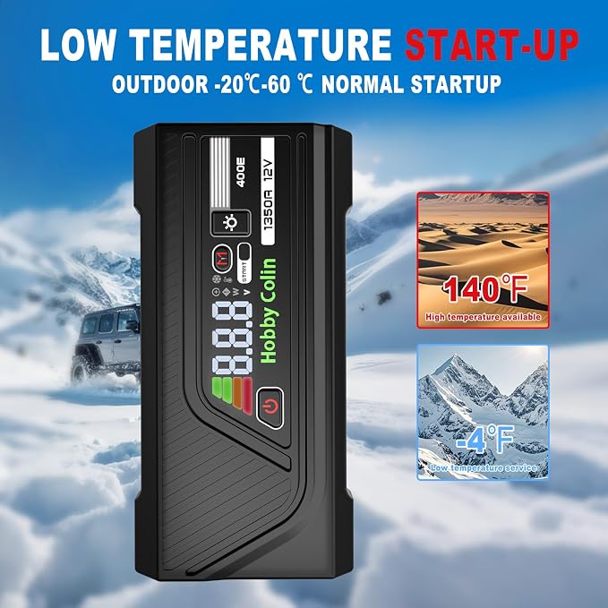 Hobby Colin 400E Car Jump Starter 12V 1350A Peak 1600mAh Battery Booster for 6.0L Gasoline and 3.5L Diesel Engines, LED Display, Indicators, Starter Cables