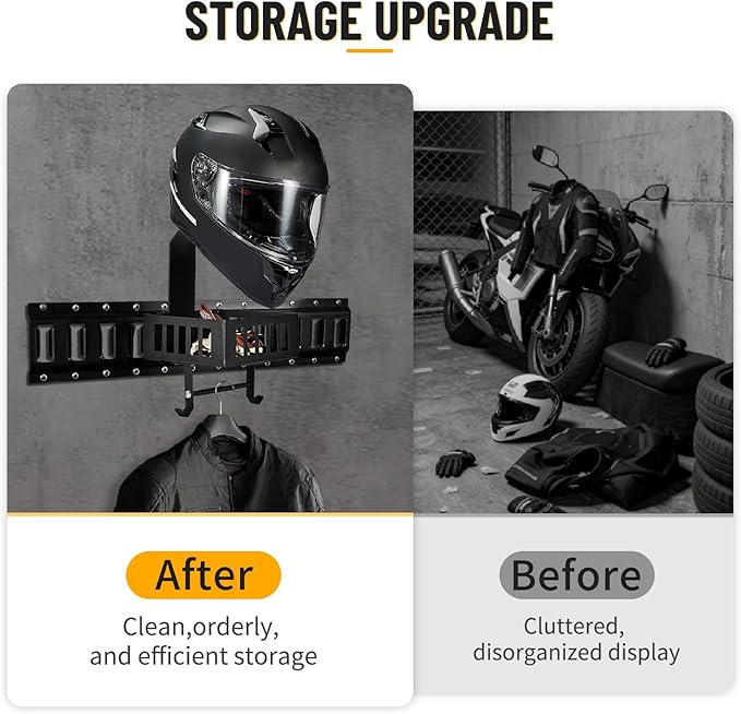E Track Motorcycle Helmet Holder with Tray ＆ Hooks, Universal Wall Mount Helmet Rack for Garage or Workshop Organization