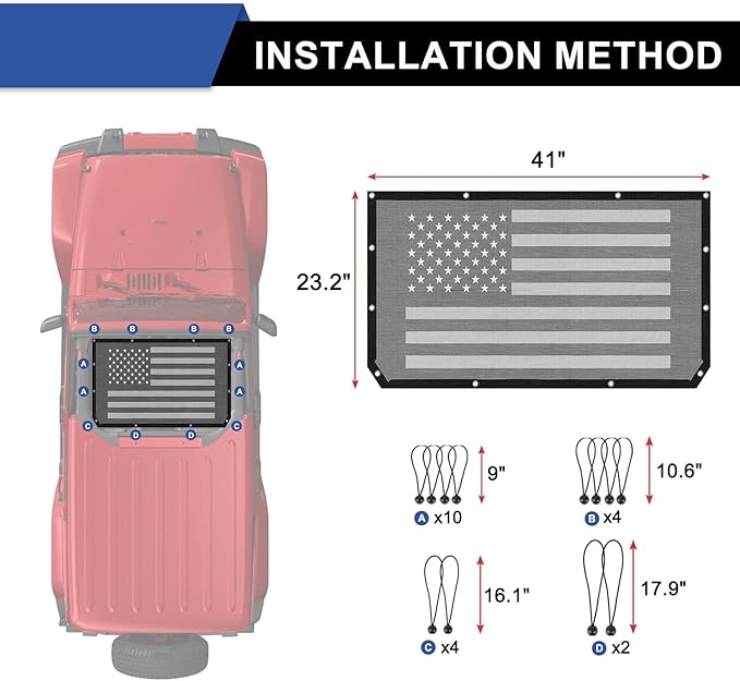 Sunshade for Jeep Wrangler JL JLU Unlimited 2 and 4 Door 2018-2023 Mesh Top Cover Sunroof Screen Bikini Soft Sun Shade with UV Blocker Exterior Accessories American Flag(Black)