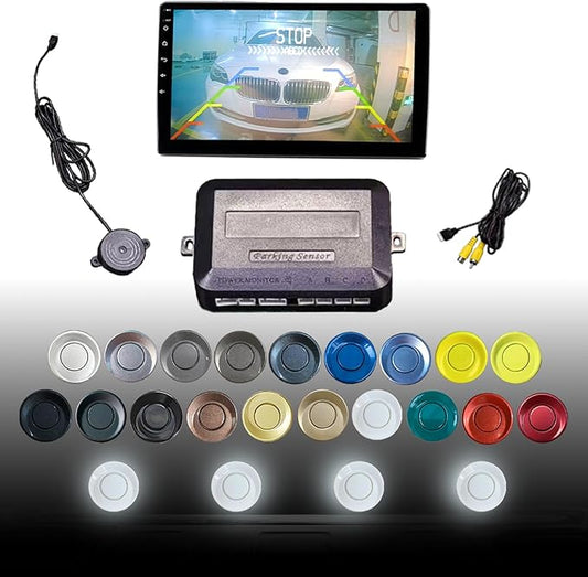 LCD Parking Sensor Kit - Displays Data on Original Screen, Easy Rear Installation, Compatible with All Camera Formats (AHD, CVBS), 18 Probe Colors to Match Any Vehicle（White）
