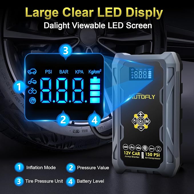 Car Jump Starter with Air Compressor, 3000A Portable Battery Pack with 150PSI Tire Inflator, 37WH DC12V Jump Box for Car Charger Battery Booster with LCD Display (Up 10L Gas/8L Diesel Engine)