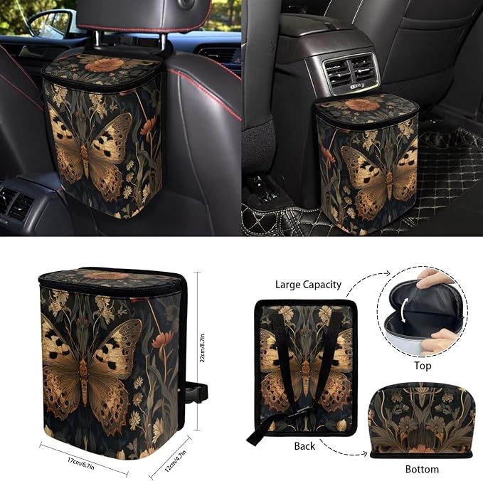 Goth Butterfly 15 PCS Car Seat Cover Set with Auto Steering Wheel Cover Seat Belt Strap Protector Cup Holder Trash Bag Rear View Mirror Protector Keychain