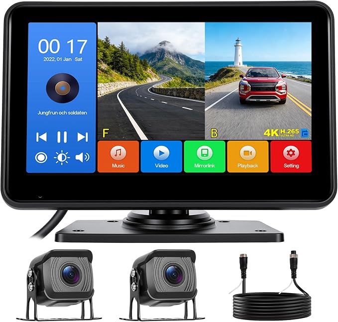 7 Inch IPS Touch Screen Backup Camera for Car 1080P Full HD Dual Camera IP68 Waterproof Rear View Camera High-Performance Chip Wired Stable Transmission Recording Function for Car/Truck/Pickup/SUV/Van