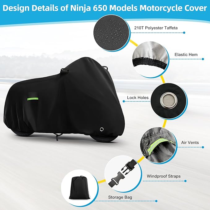 Motorcycle Cover Waterproof for Kawasaki Ninja 250 300 400 500 650/BMW F 900R, Heavy Duty Outdoor Sun UV Rain Dust All Weather Protection Motorbike Cover with Soft Cotton Lining & Lock Hole-Black