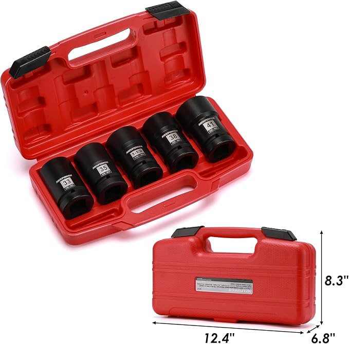 MIXPOWER 5PCS 1" Drive Truck Combination Budd Wheel Impact Socket Set, 33mm, 35mm x 17mm, 1-1/2" x 13/16", 38mm x 20mm, 41mm x 21mm