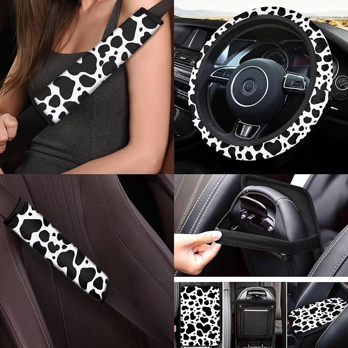 Cow Print Car Seat Covers Set 17 Pack,Cute Cow Print Car Accessories Set Full Sets with Vehicle Front Rear Carpets Mats,Steering Wheel Covers,Seat Belt Shoulder Pad Universal Fit Most Car SUV