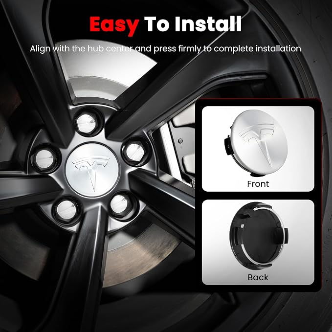 4 Pack Car Wheel Center Hub Cap Kit with 22 Lug Nut Covers, 2.2 in (56mm) Wheel Rim Covers Center Hubcaps with Emblem for Model 3 / Model Y, Silver Exterior Decoration Accessories for Tesla