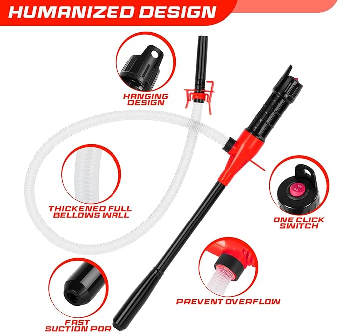 Portable Transfer Pump Battery Operated Electric Siphon Pump for Gas, Fuel, Diesel, Water Transfer 2.4 GPM Flow Oil Extractor, 47" Hose-Easy to Use Hand Fuel Pump, Multi-Use Siphon Transfer Pump(Red)