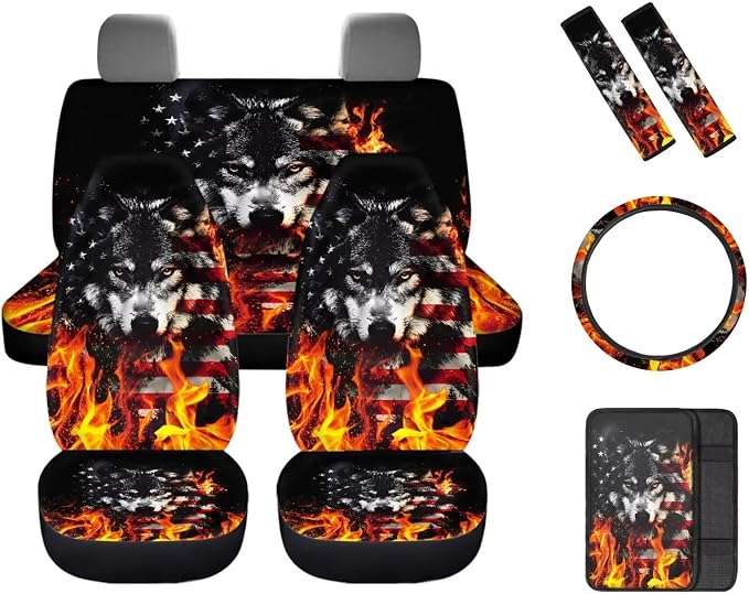 USA Flag Flame Wolf Print Car Interior Accessories Set of 8, Car Seat Covers, Auto Steering Wheel Cover, Auto Center Console Pad, Seat Belt Pads, Universal Fit Cars SUVs Trucks