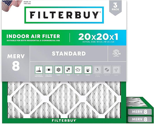 Filterbuy 20x20x1 Air Filter MERV 8 Essential Dust & Allergy Defense (3-Pack), Electrostatic Pleated HVAC AC Furnace Filters Replacement (Actual Size: 19.50 x 19.50 x 0.75)
