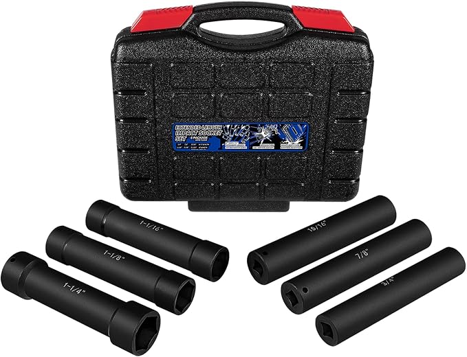 1/2 Inch Drive Extended Length Impact Socket Set 6 Sizes - Hex Sizes 3/4", 7/8", 15/16", 1-1/16”, 1-1/8", 1-1/4"Extra-Deep Length Extra-Deep Impact Set Heavy Duty with Case