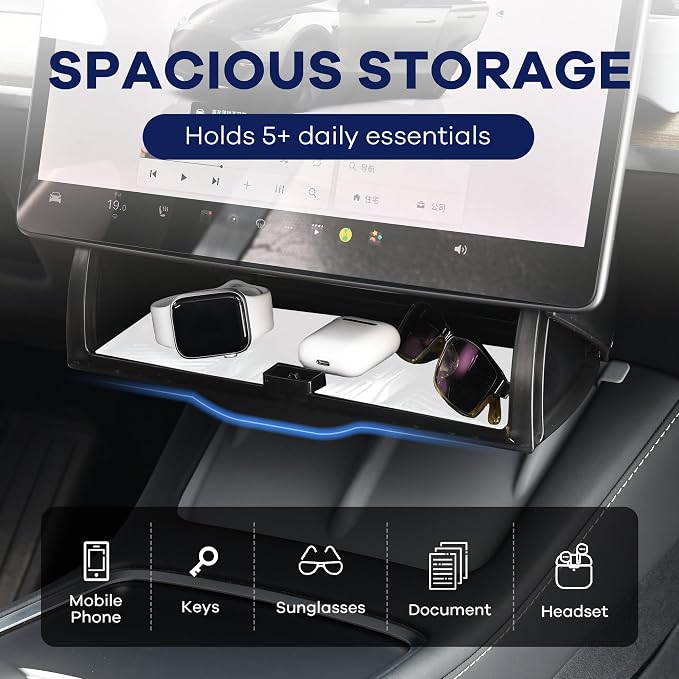 Under Screen Storage for Tesla Model Y/3 - Organizer Tray for Tesla Screen Compartment (Include Juniper & Highland), Enhanced Vehicle Interior with Secure Compartments (White)