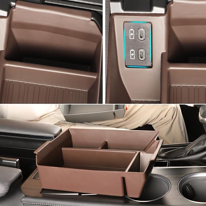 Compatible with 2026 Toyota Sienna accessories Center Console Organizer with Cup Holder, Lower Storage Box Accessory Lower Center Console Tray (Compatible with 2021-2026 Toyota Sienna, brown)
