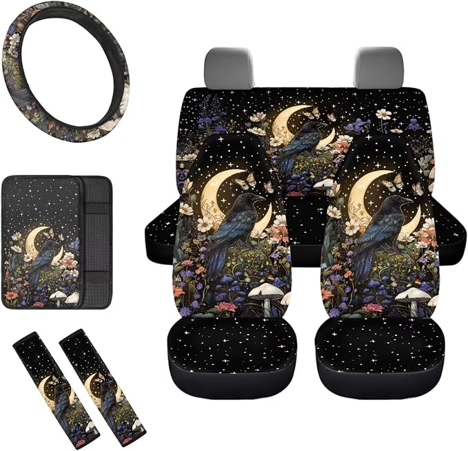 8 Pcs Moon Crow Car Seat Covers Full Set Car Accessories for Women Front Seat Cover Steering Wheel Armrest Cover Seat Belt Cover for Auto SUV Interior Decoration