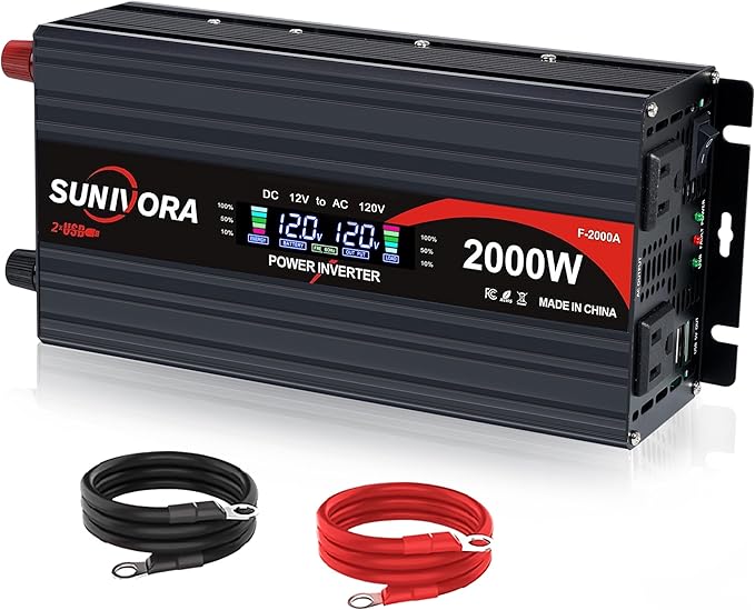 2000 Watt Power Inverter 12V DC to 110V/120V AC Converter 4000W Peak with LCD Display, 3 AC Outlets & 2 USB Ports Power Inverters for Vehicles Car Truck Boat RV Camping Solar System EPS